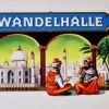 Vintage Wandelhalle Arabs cigar label featuring blue header band with white text, two rounded arch frames showing white domed mosque architecture with tropical palms on left, two turbaned Arab figures in colorful dress reclining in paradise garden on right, ornamental gold borders, 9.75 x 5.5 inches.