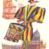 David Klein original 1960s Rome TWA travel poster; layered architectural landmarks including Colosseum and Duomo with bold yellow and blue striped figure, vibrant color palette, mid-century travel advertising—jet-age commercial art