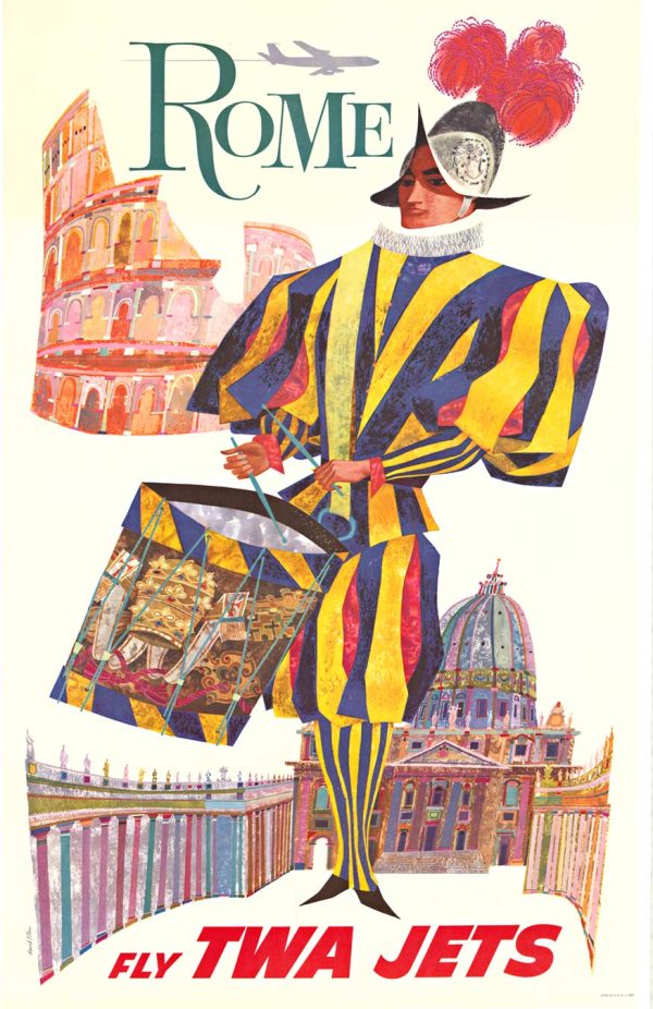 David Klein original 1960s Rome TWA travel poster; layered architectural landmarks including Colosseum and Duomo with bold yellow and blue striped figure, vibrant color palette, mid-century travel advertising—jet-age commercial art