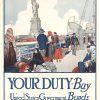 1917 U.S. Government propaganda poster featuring diverse immigrant family on ship's deck gazing at Statue of Liberty, patriotic red, white, and blue color palette, bold typography reading "Remember Your First Thrill of American Liberty" and "Your Duty—Buy United States Government Bonds, 2nd Liberty Loan of 1917," Sackett & Wilhelms Corp. printer mark visible.
