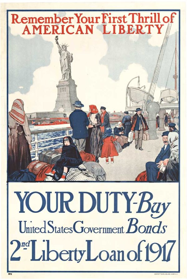 1917 U.S. Government propaganda poster featuring diverse immigrant family on ship's deck gazing at Statue of Liberty, patriotic red, white, and blue color palette, bold typography reading "Remember Your First Thrill of American Liberty" and "Your Duty—Buy United States Government Bonds, 2nd Liberty Loan of 1917," Sackett & Wilhelms Corp. printer mark visible.