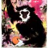 Original Far East Scandinavian Airline Systems linen backed travel poster showing a monkey holding an orange.