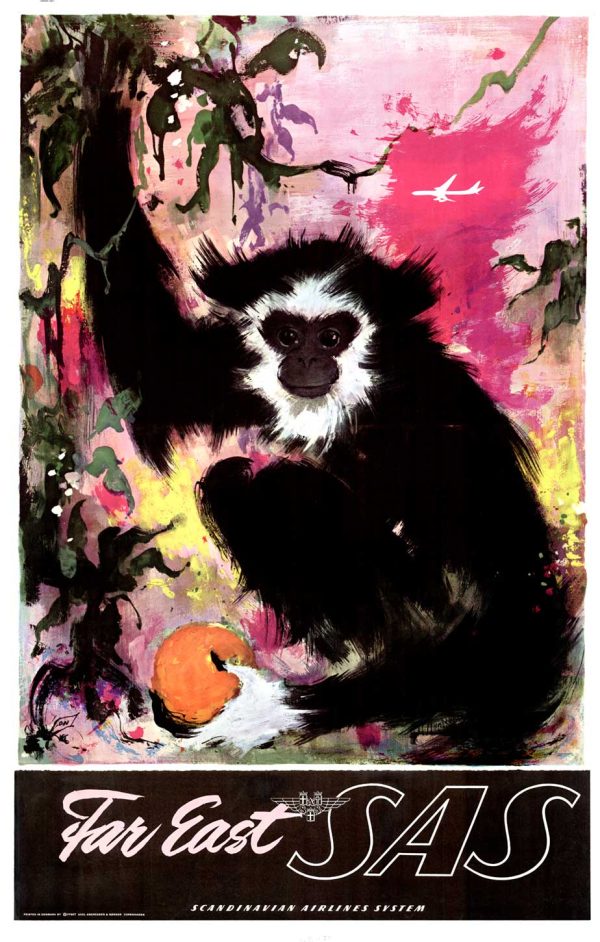 Original Far East Scandinavian Airline Systems linen backed travel poster showing a monkey holding an orange.