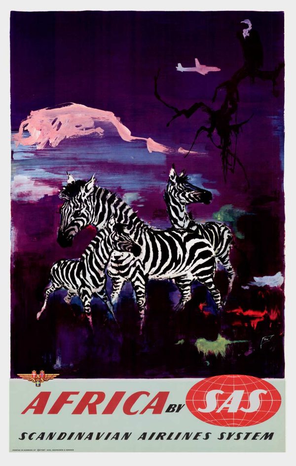 Otto Nielsen original 1950s SAS Africa Zebras lithograph poster; two zebras silhouetted against deep evening sky with propeller aircraft in distance and glowing African landscape—Scandinavian Airlines System travel poster, linen-backed mint condition, nocturnal scene with rich color palette