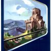 Vintage c.1952 SNCF Auvergne travel poster by Gregoire featuring Romanesque church with terra cotta stone facade, alpine mountain landscape with purple-blue peaks, lush green valleys, vivid blue sky, navy background frame with bright yellow accents, Art Deco railway design