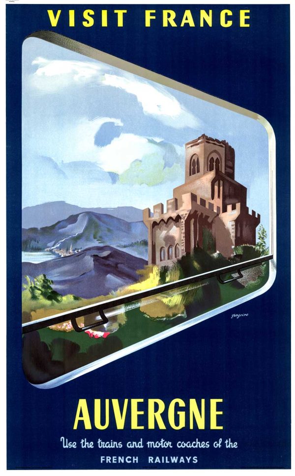 Vintage c.1952 SNCF Auvergne travel poster by Gregoire featuring Romanesque church with terra cotta stone facade, alpine mountain landscape with purple-blue peaks, lush green valleys, vivid blue sky, navy background frame with bright yellow accents, Art Deco railway design