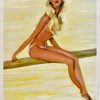 1950s Monte Carlo vintage poster featuring sun-tanned elegantly posed figure in cream headwrap on golden branch, warm earth tones and soft yellow background, sophisticated Art Deco glamour design by Domergue
