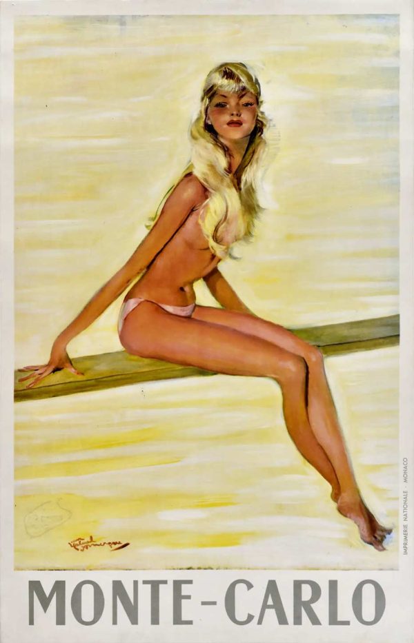 1950s Monte Carlo vintage poster featuring sun-tanned elegantly posed figure in cream headwrap on golden branch, warm earth tones and soft yellow background, sophisticated Art Deco glamour design by Domergue