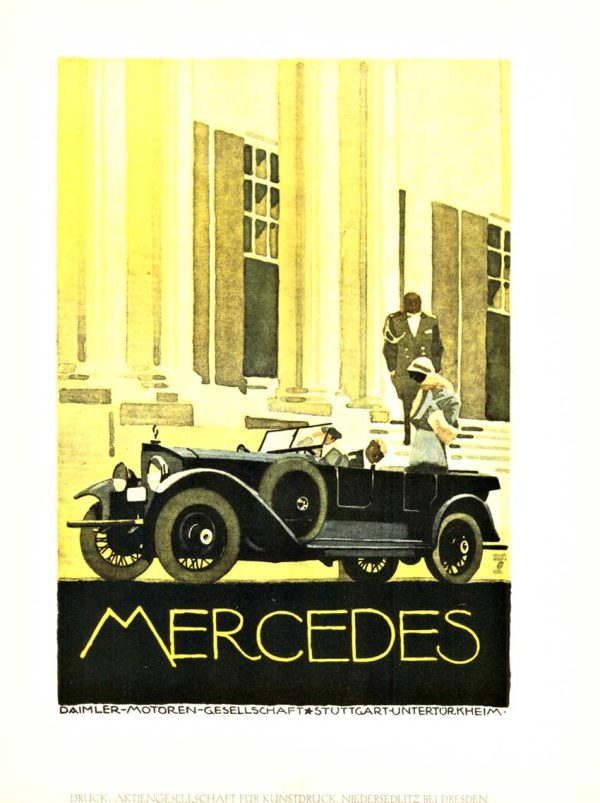 L"1926 Ludwig Hohlwein Mercedes lithograph poster featuring bold automotive graphics, original 11.75×9 inch bookplate with Art Deco design"