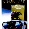 Hand-signed 1992 Chantilly Prix du Jockey Club poster by Razzia featuring elegant binoculars in foreground with polished blue lenses, dynamic jockey on black thoroughbred racing in yellow-ochre upper register, "Chantilly Prix du Jockey Club Lancia" text, refined French graphic design with warm ochre and deep blue palette