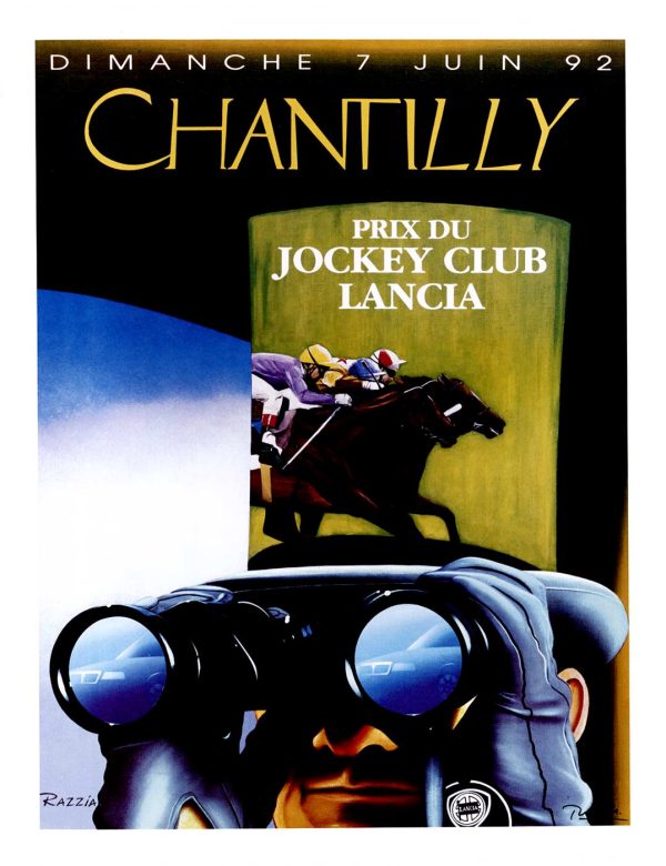 Hand-signed 1992 Chantilly Prix du Jockey Club poster by Razzia featuring elegant binoculars in foreground with polished blue lenses, dynamic jockey on black thoroughbred racing in yellow-ochre upper register, "Chantilly Prix du Jockey Club Lancia" text, refined French graphic design with warm ochre and deep blue palette