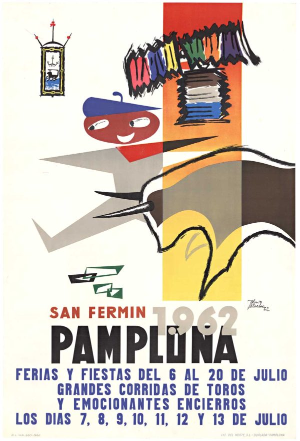 Pamplona, running of the bulls, original poster, Picasso style, 1960s, linen-backed, original poster