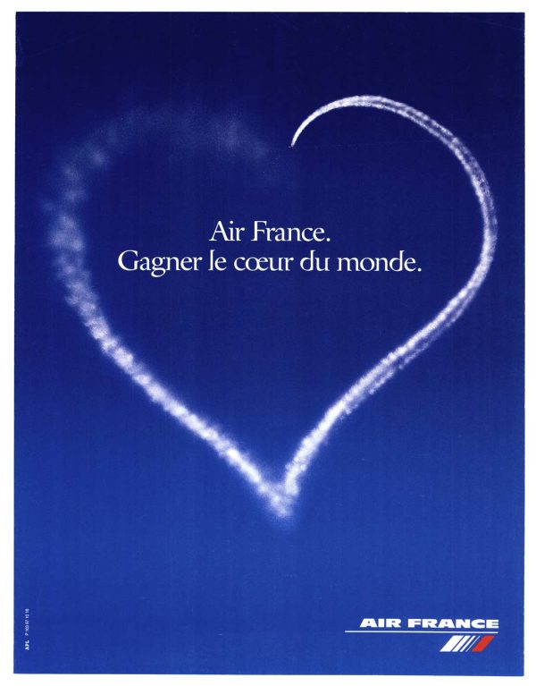 Air France “Win the Heart of the World” travel advertisement, “Gagner le cœur du monde” blue sky heart contrail, linen backed vintage ad