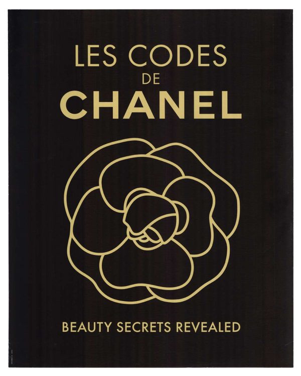 Les Codes de CHANEL black and gold ink poster, interlocking CHANEL words with gold ink rose on dark background, archival linen backed