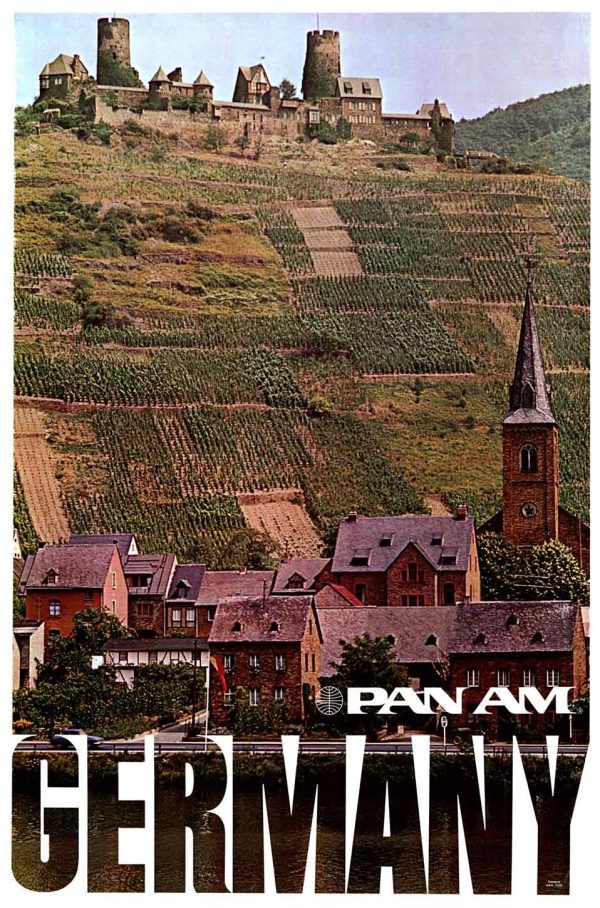 Vintage Pan Am Germany travel poster original print on linen-backed vineyards castle Rhein River