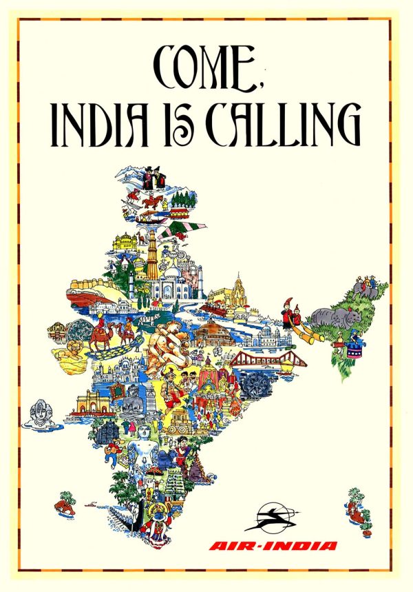 Come India Is Calling Air-India vintage travel poster original print map of India colorful illustrations linen-backed