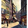 Vintage Denmark Copenhagen street scene poster with pedestrians, cyclist, storefronts, and church tower in warm sunlight, early 20th century