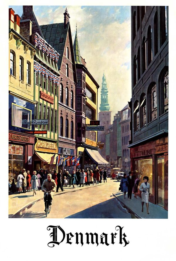 Vintage Denmark Copenhagen street scene poster with pedestrians, cyclist, storefronts, and church tower in warm sunlight, early 20th century