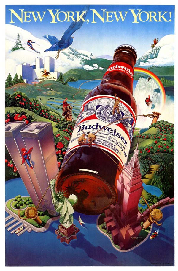 1982 Budweiser poster New York New York surreal giant bottle Jack and the Beanstalk style Rodriguez