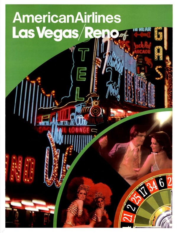 “American Airlines Las Vegas -Reno linen backed original vintage poster, neon lounge signage and nightlife scene, Grade A- condition, front view.”