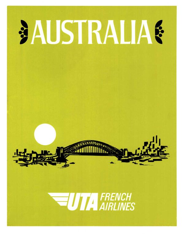 UTA French Airlines Australia poster Sydney Harbour Bridge Opera House minimalist green travel poster