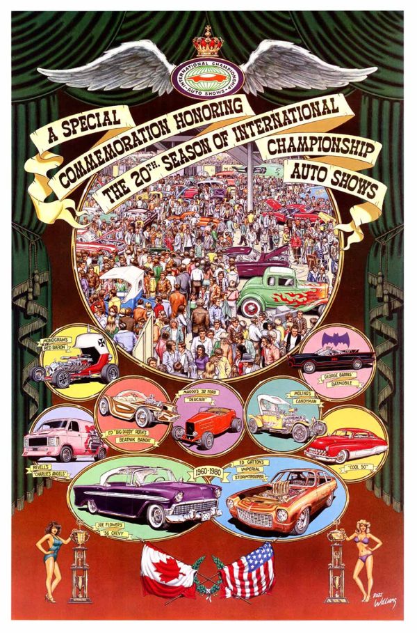 Robert Williams original 1980 automotive art poster; hyperrealistic central crowd scene surrounded by meticulously detailed classic automobiles in jewel tones, ornate decorative border, American and Canadian flags, classical female statuary—international auto show commemorative design with fine art sensibility