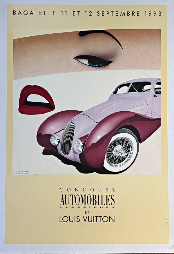Razzia Concours Automobiles Classiques vintage poster, maroon classic car with woman eye and red lips detail, linen-backed
