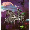 Otto Nielsen original 1960s Africa Zebras SAS travel poster; three zebras running dynamically across dusk-lit African landscape with striking black-and-white striping rendered against deep purple, warm orange, and luminous blue sunset sky, Mount Kilimanjaro mountain silhouette in background, modern jet aircraft gliding through twilight above horizon—mid-century jet-age aviation advertising, Scandinavian Airlines System promotional art, painterly offset-lithograph technique, museum-quality linen-backed condition