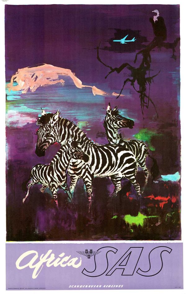 Otto Nielsen original 1960s Africa Zebras SAS travel poster; three zebras running dynamically across dusk-lit African landscape with striking black-and-white striping rendered against deep purple, warm orange, and luminous blue sunset sky, Mount Kilimanjaro mountain silhouette in background, modern jet aircraft gliding through twilight above horizon—mid-century jet-age aviation advertising, Scandinavian Airlines System promotional art, painterly offset-lithograph technique, museum-quality linen-backed condition