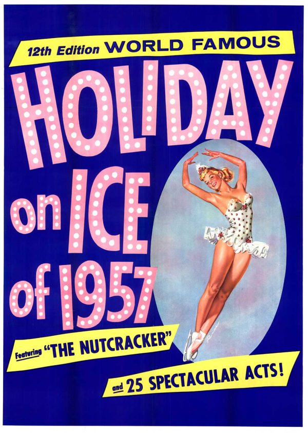 Featuring vibrant blue and pink colors with a dynamic illustration of an ice skater, it's a perfect example of mid-century graphic design. Dimensions: 60" x 43.5" linen-backed