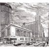 Delbart Duchein original 1970s lithograph of NYC landmarks including Grand Central Terminal, Chrysler Building, and Pan Am Building; black and white architectural composition with street-level urban activity, economical line work and sophisticated spatial composition—linen-backed archival condition, ready to frame