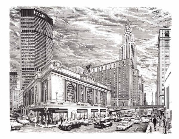 Delbart Duchein original 1970s lithograph of NYC landmarks including Grand Central Terminal, Chrysler Building, and Pan Am Building; black and white architectural composition with street-level urban activity, economical line work and sophisticated spatial composition—linen-backed archival condition, ready to frame
