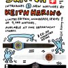Keith Haring original 1986 Swatch magazine advertisement; kinetic stick figures dancing around three watch face designs with bold red and blue typography announcing "Limited Edition, Numbered, Series of 9,999 Watches," Swiss cross symbol, letterpress aesthetic—1980s pop art commercial design, linen-backed vintage print