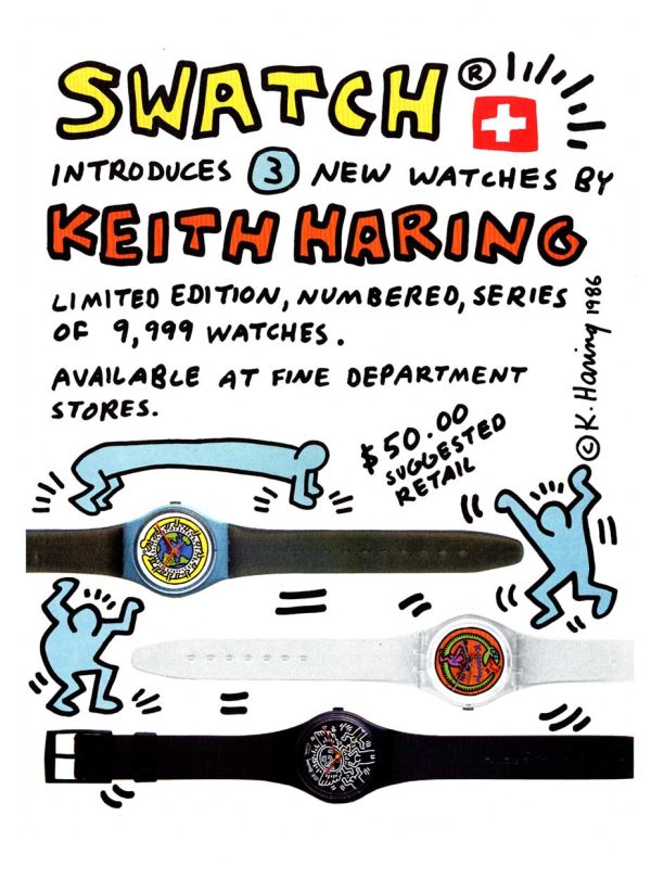 Keith Haring original 1986 Swatch magazine advertisement; kinetic stick figures dancing around three watch face designs with bold red and blue typography announcing "Limited Edition, Numbered, Series of 9,999 Watches," Swiss cross symbol, letterpress aesthetic—1980s pop art commercial design, linen-backed vintage print