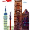 David Klein original c. 1960s London Fly TWA lithographic poster; iconic London landmarks including Big Ben (pale green with gilt), Westminster Abbey (amber and magenta Gothic facade), and Nelson's Column (burgundy red) rendered in bold, sophisticated color palette with blue airplane silhouette; Grade A linen-backed archival condition—mid-century travel advertising design