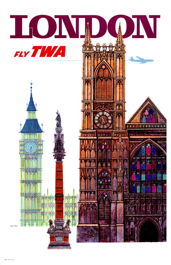 David Klein original c. 1960s London Fly TWA lithographic poster; iconic London landmarks including Big Ben (pale green with gilt), Westminster Abbey (amber and magenta Gothic facade), and Nelson's Column (burgundy red) rendered in bold, sophisticated color palette with blue airplane silhouette; Grade A linen-backed archival condition—mid-century travel advertising design