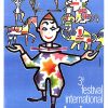 Gonzague original 1976 Monte-Carlo international circus festival lithograph poster; whimsical juggling performers in colorful patterned costumes with international flags, stars, and acrobatic elements against vibrant blue background—vivid French circus advertising art with sophisticated color palette