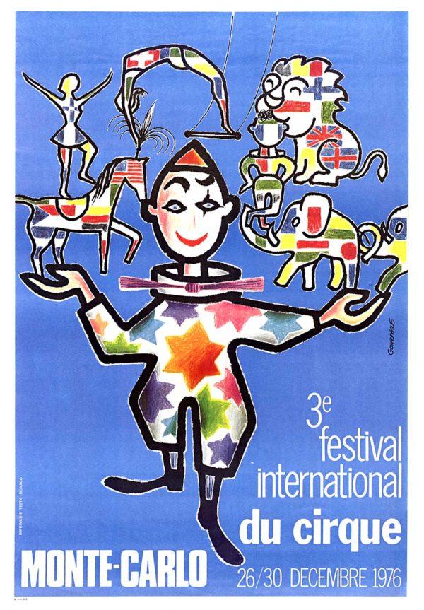 Gonzague original 1976 Monte-Carlo international circus festival lithograph poster; whimsical juggling performers in colorful patterned costumes with international flags, stars, and acrobatic elements against vibrant blue background—vivid French circus advertising art with sophisticated color palette