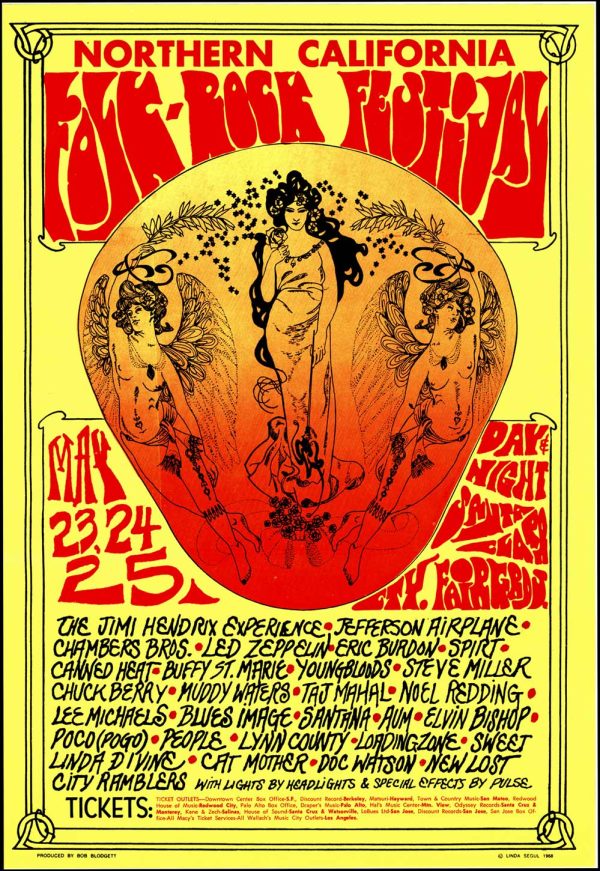 Linda Segul original 1968 Northern California Folk-Rock Festival concert poster; psychedelic design with bright yellow background, bold red typography, surreal central imagery of female figures with angelic wings, lists Jimi Hendrix, Led Zeppelin, Jefferson Airplane, and 40+ additional performers, May 22-25 concert dates, mint condition lithograph