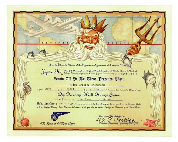 Original 1940s Pan American Airways Neptune Club Art Deco lithograph; bearded Neptune with crown and trident at center, ornate decorative border with navigational instruments, stylized ocean waves in pale yellows, rusts, and seafoam greens, official text, linen-backed—vintage aviation corporate memorabilia