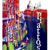 Vintage Plattos Italian shoe brand advertisement; vibrant expressionistic Venice cityscape with Basilica di Santa Maria della Salute and ornate palazzi in bold reds, navy blues, yellows, and lime green vertical composition, gloss lithographic finish—mid-century European commercial art, linen-backed