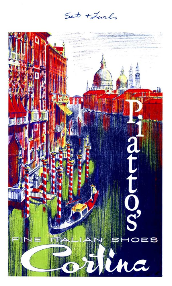 Vintage Plattos Italian shoe brand advertisement; vibrant expressionistic Venice cityscape with Basilica di Santa Maria della Salute and ornate palazzi in bold reds, navy blues, yellows, and lime green vertical composition, gloss lithographic finish—mid-century European commercial art, linen-backed