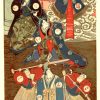 "Utagawa Yoshiiku original 1897 Japanese theatrical scene stone lithograph; multiple performers in elaborate traditional costumes, intricate red, blue, and gold clothing details, centered stage composition with architectural framing, sophisticated earth-tone and vermilion color palette, vellum paper stock—original Japonisme East-West artistic commission"
