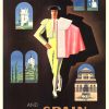 Vintage 1954 Jean Carlu Portugal and Spain by Clipper Pan Am travel lithograph poster with matador, architectural landmarks, arched windows, original linen-backed