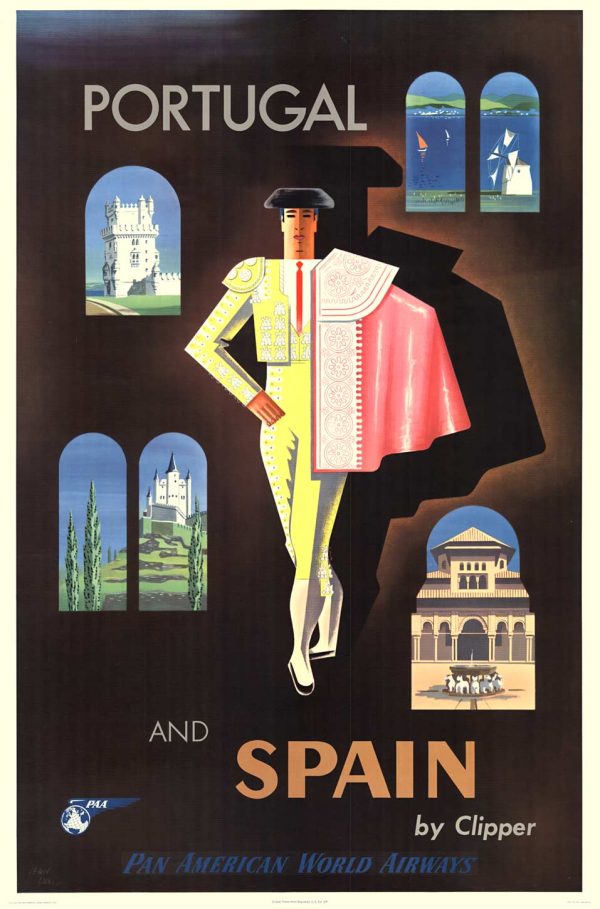 Vintage 1954 Jean Carlu Portugal and Spain by Clipper Pan Am travel lithograph poster with matador, architectural landmarks, arched windows, original linen-backed