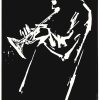 Earl Newman original 1963 Monterey Jazz Festival serigraph poster featuring Joe Gordon; trumpet player with raised arms and instrument against bold black geometric forms and cream background—hand-printed jazz concert art, bebop trumpet performance documentation, high-contrast modernist design, unbacked vintage poster