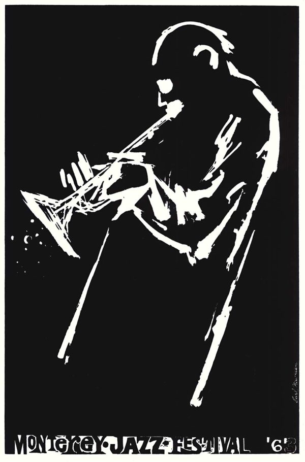 Earl Newman original 1963 Monterey Jazz Festival serigraph poster featuring Joe Gordon; trumpet player with raised arms and instrument against bold black geometric forms and cream background—hand-printed jazz concert art, bebop trumpet performance documentation, high-contrast modernist design, unbacked vintage poster