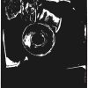 Earl Newman original 1965 Monterey Jazz Festival serigraph poster; trumpet player silhouette emerging from bold black circles and geometric forms against cream background—hand-printed jazz concert art, modernist abstract design, high-contrast composition, unbacked vintage poster