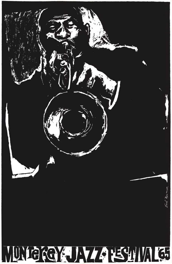 Earl Newman original 1965 Monterey Jazz Festival serigraph poster; trumpet player silhouette emerging from bold black circles and geometric forms against cream background—hand-printed jazz concert art, modernist abstract design, high-contrast composition, unbacked vintage poster
