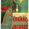 Cognac Jacquet Peacock c. 1910 original stone lithograph by Camille Bouchet; elegantly stylized peacock in jewel-toned blues and greens with ornate plumage detail, warm gold and orange accents, white typography announcing Cognac Jacquet brand—Belle Époque advertising art, vibrant chromatic palette, museum-quality color preservation